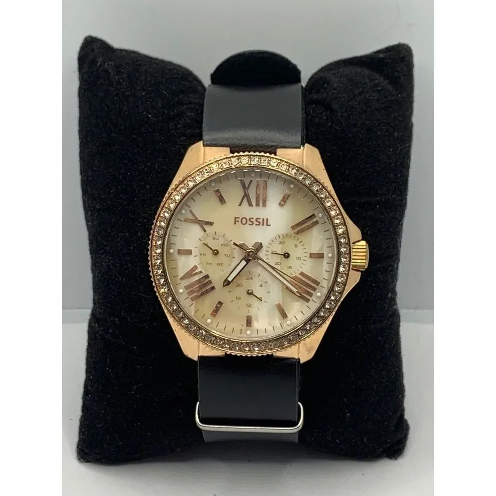 Fossil AM4616 Women's Black Leather Analog Beige Horne Dial Quartz Watch JD261